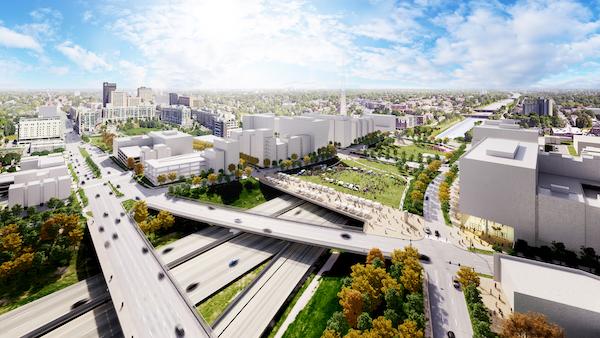 渲染I-480上的新“盖子”, creating a pedestrian and development friendly green space  connecting downtown to midtown.
